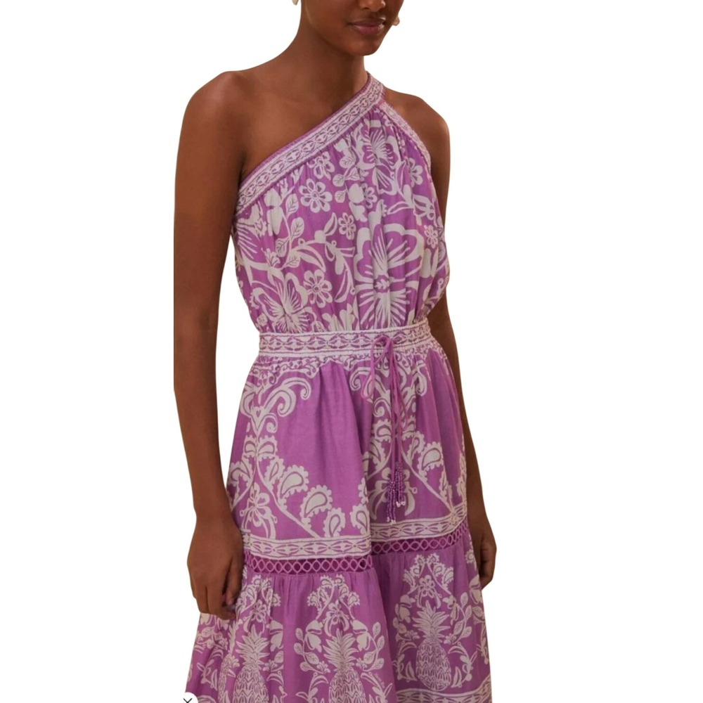 Farm Rio Purple White Tapestry One Shoulder Tiered Maxi Dress L Boho EUC - Picture 2 of 8